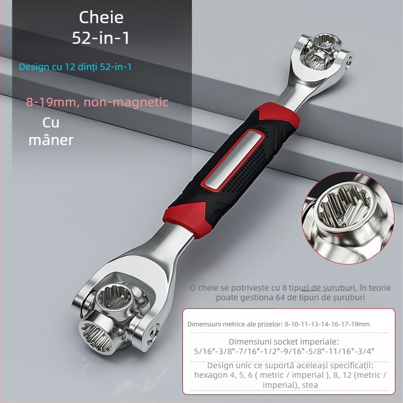 Set de chei multifuncțional 52-în-1 și 8-în-1, din oțel crom-vanadiu, cromată, cu dublă funcționalitate