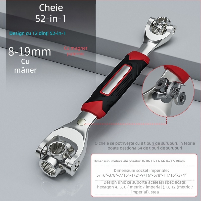 Set de chei multifuncțional 52-în-1 și 8-în-1, din oțel crom-vanadiu, cromată, cu dublă funcționalitate