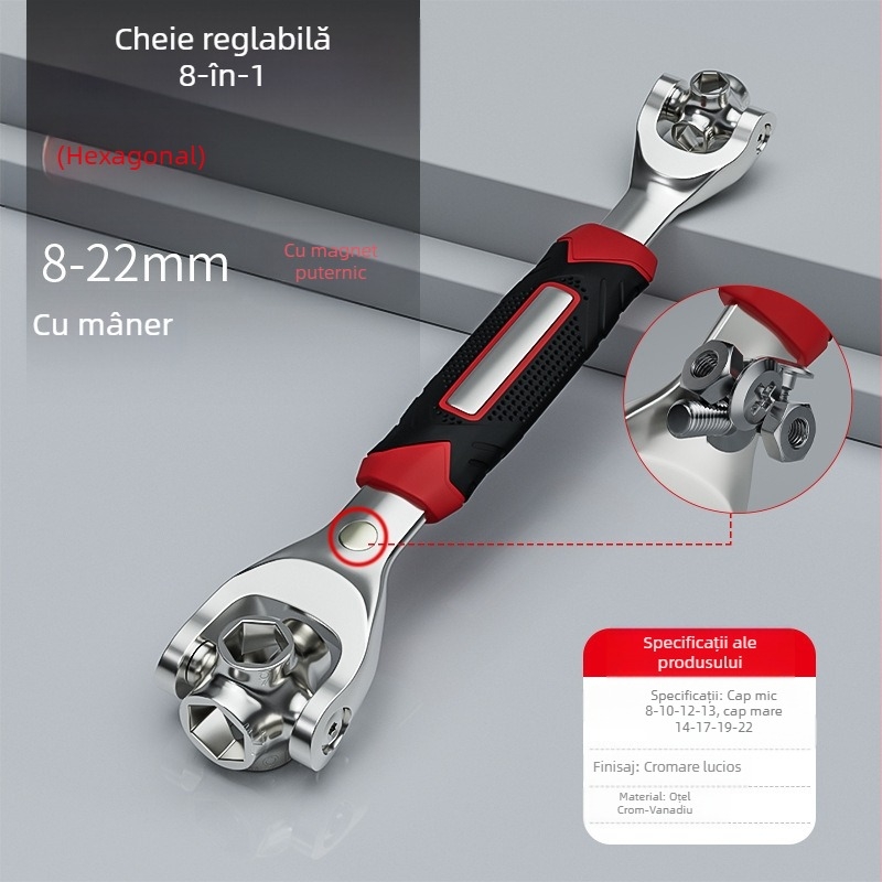 Set de chei multifuncțional 52-în-1 și 8-în-1, din oțel crom-vanadiu, cromată, cu dublă funcționalitate