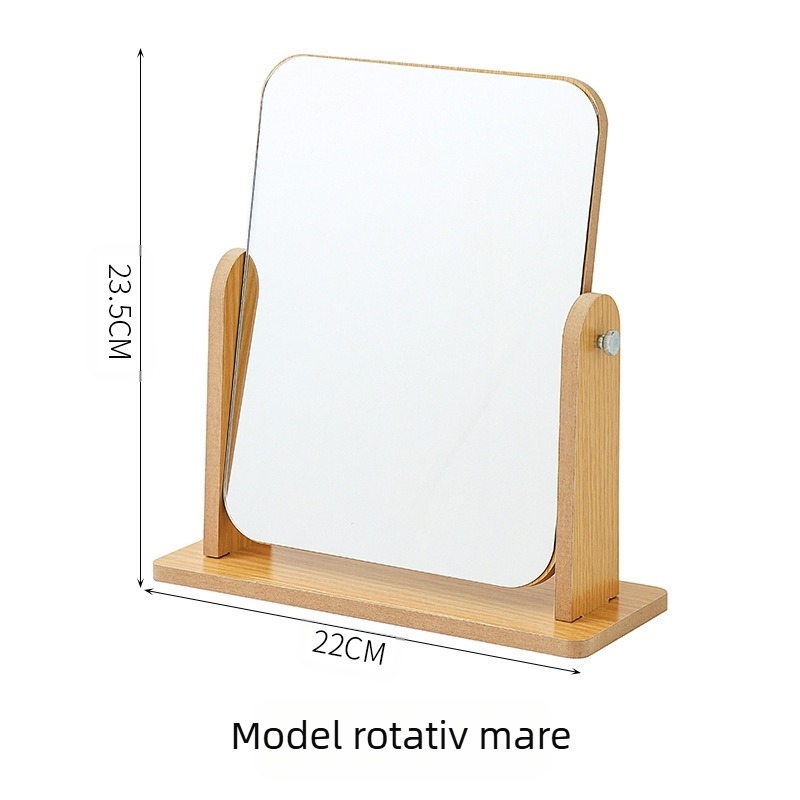 Oglindă de machiaj pentru birou, cu față unică, ramă din lemn, rotativă, pliabilă, portabilă