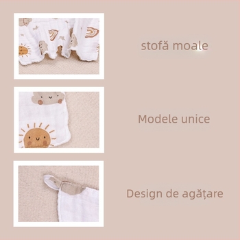 Prosop-bib bebe din fibre de bambus, 6-straturi, absorbant, imprimeu cu desene animate, cu posibilitatea de a fi atârnat