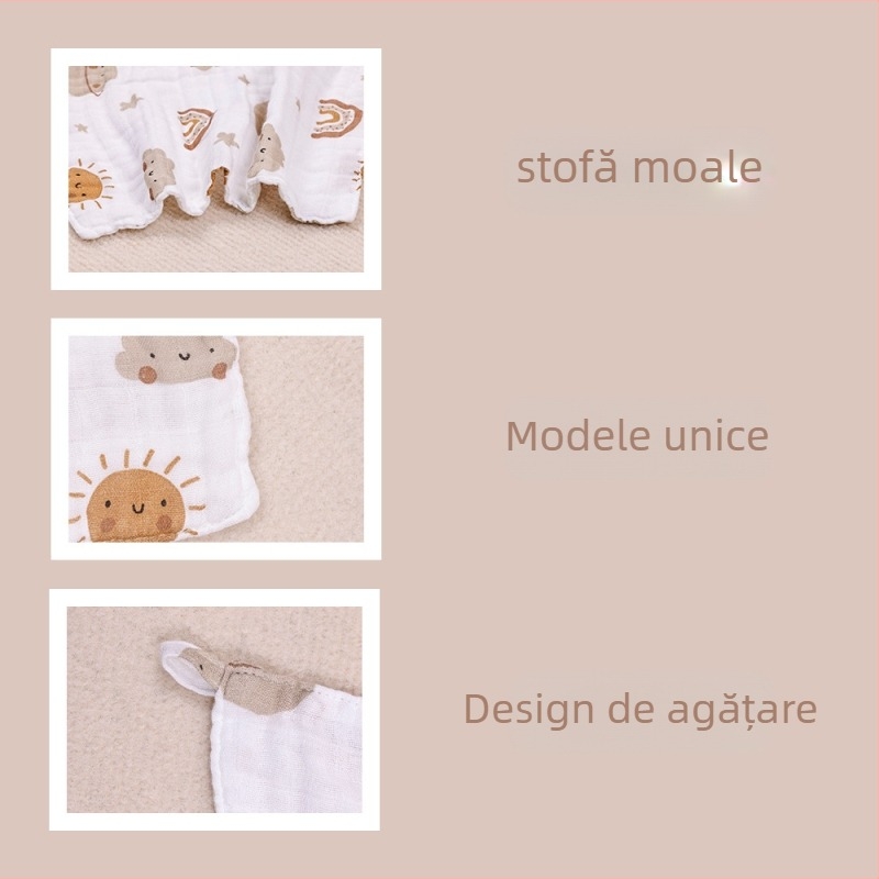 Prosop-bib bebe din fibre de bambus, 6-straturi, absorbant, imprimeu cu desene animate, cu posibilitatea de a fi atârnat