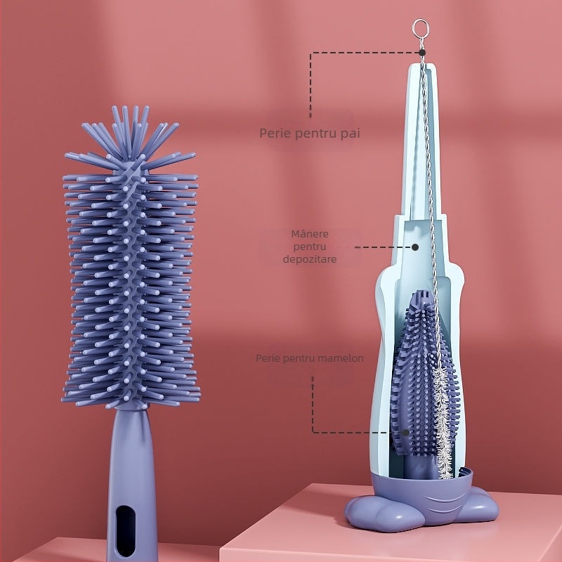 Set peri pentru sticlă de bebeluși — trei piese, perie din silicon pentru tetină, portabil, curățare la 360°