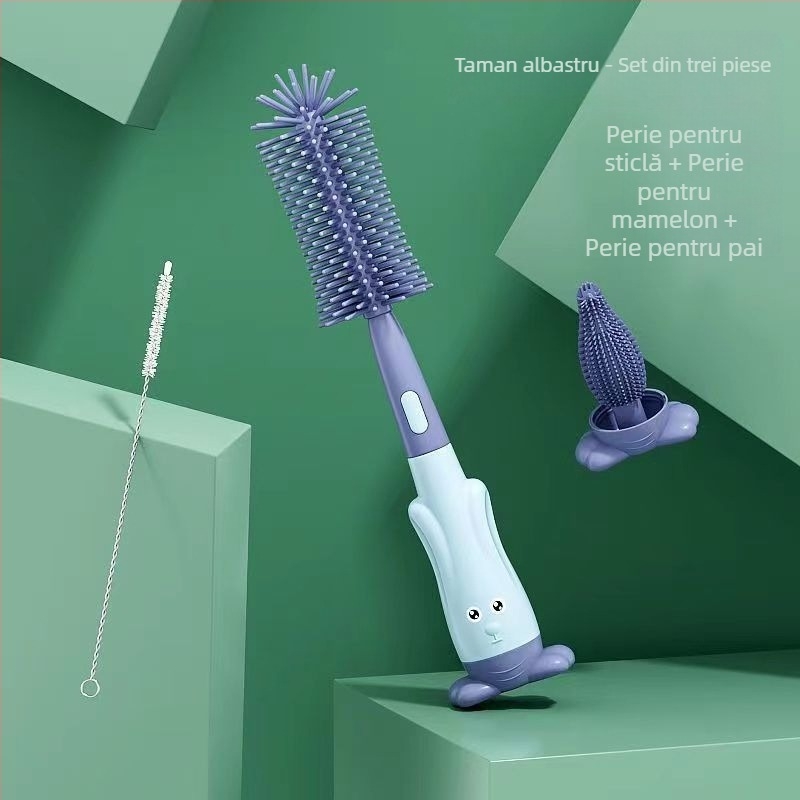 Set peri pentru sticlă de bebeluși — trei piese, perie din silicon pentru tetină, portabil, curățare la 360°