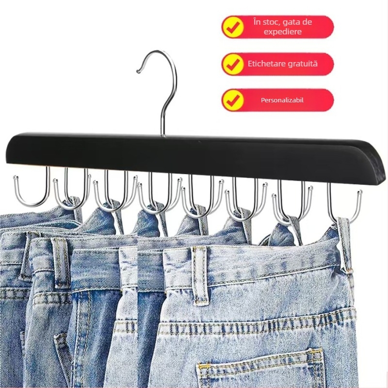Raft din lemn pentru pantaloni cu 20 de cârlige, rotire la 360°, pentru curele și cravate, design modern minimalist pentru haine