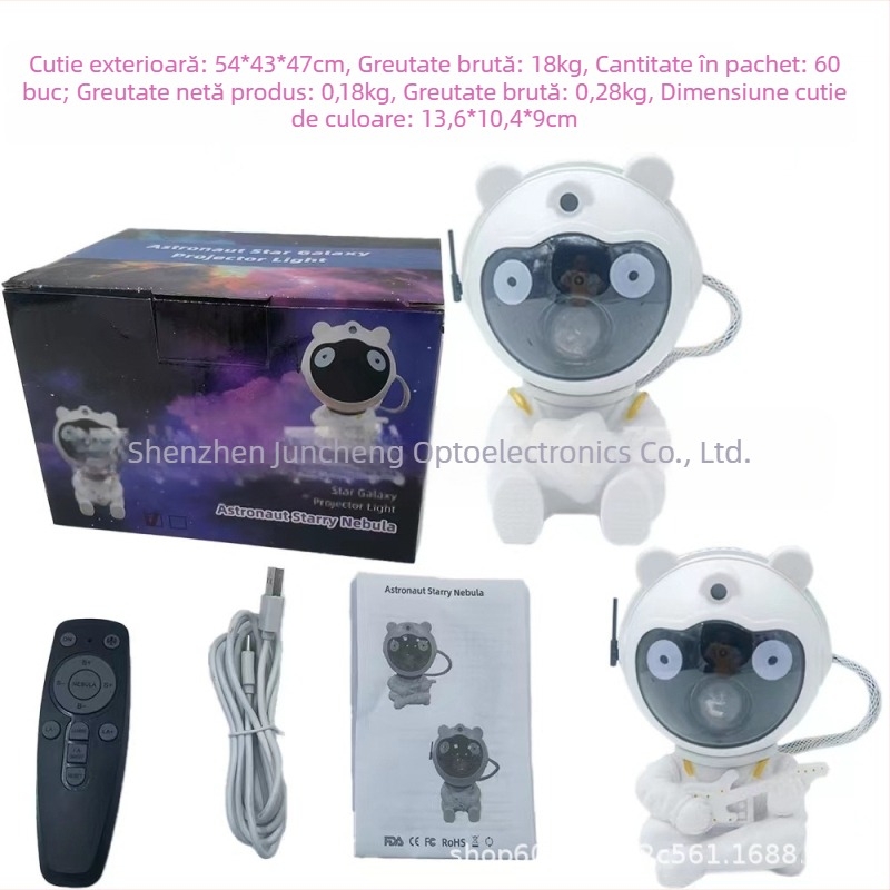 Lampă de noapte cu urs astronaut: proiecție a cerului înstelat, muzică, telecomandă, alimentare la priză, stil modern minimalist