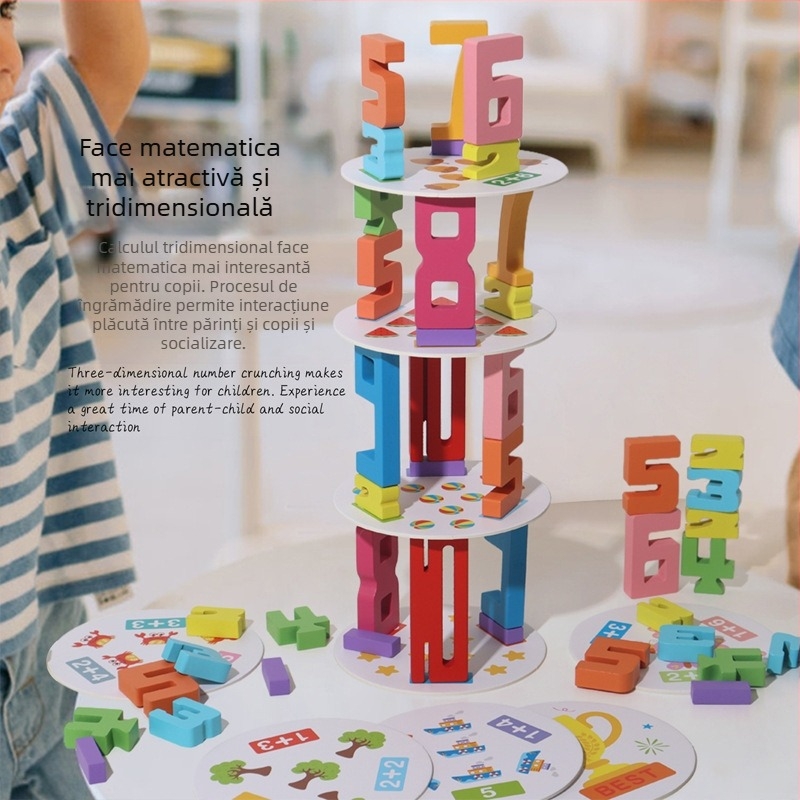 Blocuri din lemn 3D cu numere pentru educație timpurie — Domino de calcul, 0–38 piese, pentru copii 4–6 ani, vopsea pe bază de apă