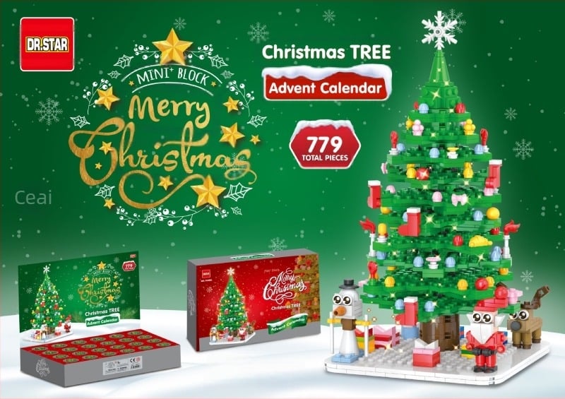 Brad de Crăciun cu numărătoare inversă de 24 de zile – puzzle din blocuri ABS, DIY, 0,8 kg, pentru vârsta 7–14 ani, non-electric