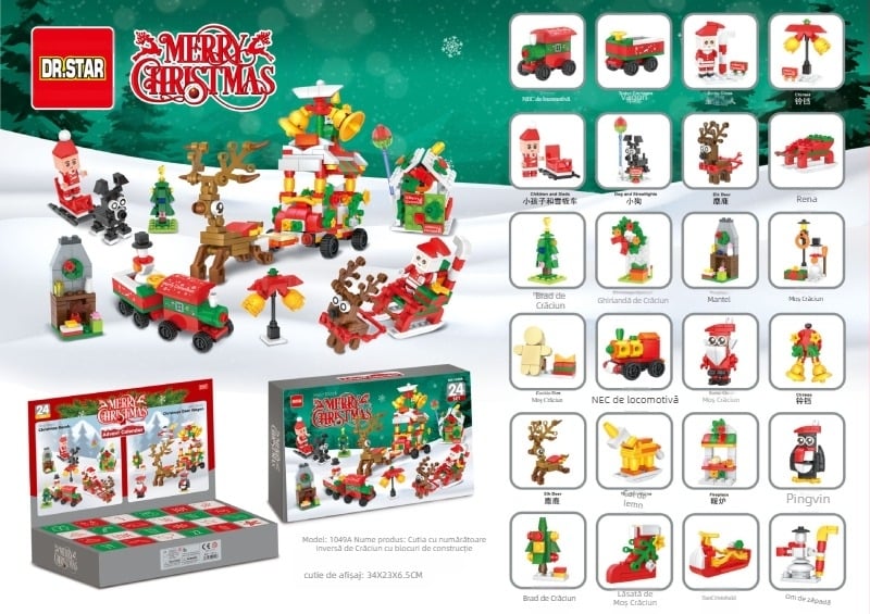 Brad de Crăciun cu numărătoare inversă de 24 de zile – puzzle din blocuri ABS, DIY, 0,8 kg, pentru vârsta 7–14 ani, non-electric