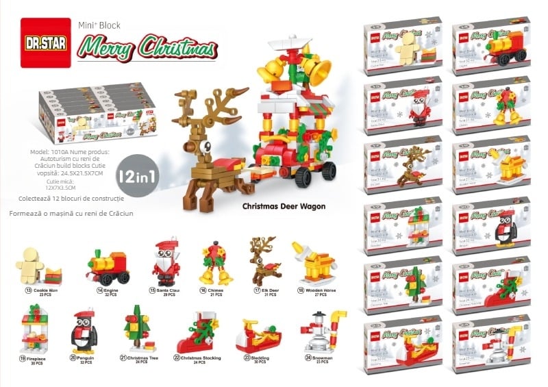 Brad de Crăciun cu numărătoare inversă de 24 de zile – puzzle din blocuri ABS, DIY, 0,8 kg, pentru vârsta 7–14 ani, non-electric