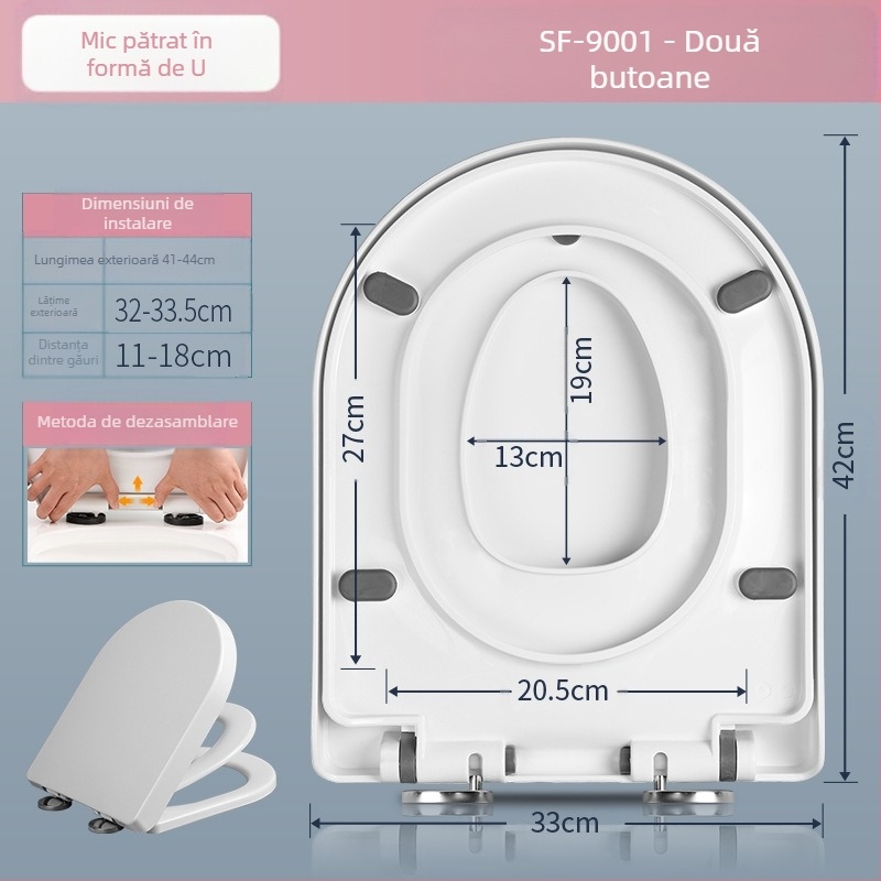 Capac de toaletă universal cu închidere moale, utilizare dublă pentru adulți și copii, placă PP, distanță între găuri reglabilă 11–18 cm, montaj general