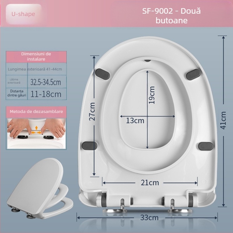 Capac de toaletă universal cu închidere moale, utilizare dublă pentru adulți și copii, placă PP, distanță între găuri reglabilă 11–18 cm, montaj general