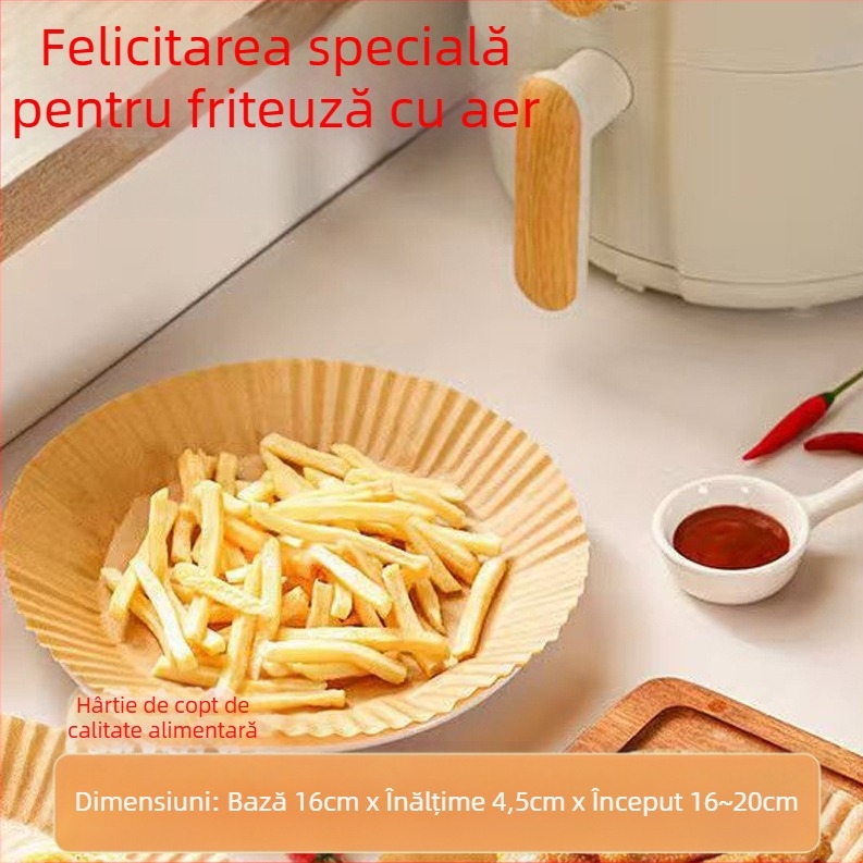 Hartie circulară pentru air fryer – rezistentă la temperaturi înalte, absorbantă de ulei, calitate alimentară, acoperire dublă antiulei, pulpă de lemn