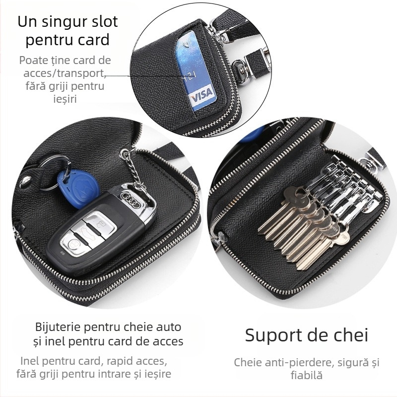 Geantă pentru chei din piele, piele de top-grain, model cu dungi, căptușeală din microfibră (Unisex)