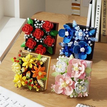 Set de blocuri de construit cu motive florale – hibiscus și trandafir, ABS plastic, bucăți cu particule de diamant, 400–800 bucăți, pentru 7–14 ani