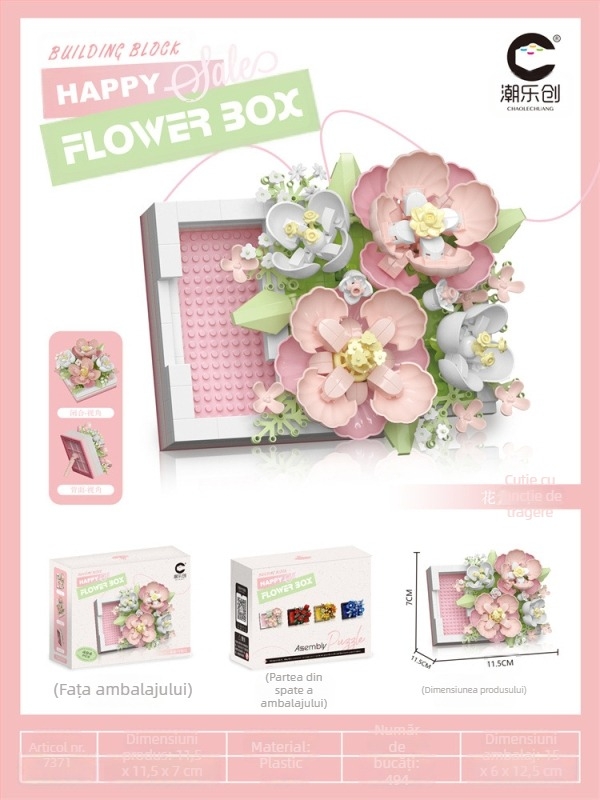 Set de blocuri de construit cu motive florale – hibiscus și trandafir, ABS plastic, bucăți cu particule de diamant, 400–800 bucăți, pentru 7–14 ani
