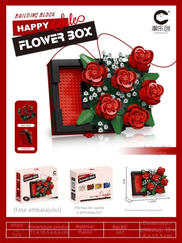 Set de blocuri de construit cu motive florale – hibiscus și trandafir, ABS plastic, bucăți cu particule de diamant, 400–800 bucăți, pentru 7–14 ani