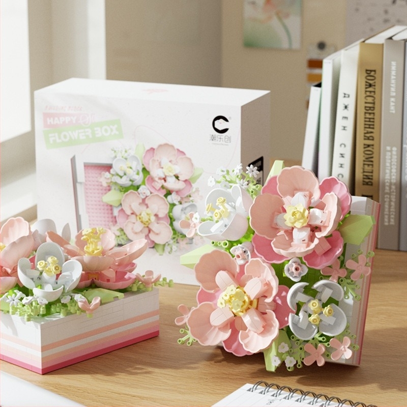 Set de blocuri de construit cu motive florale – hibiscus și trandafir, ABS plastic, bucăți cu particule de diamant, 400–800 bucăți, pentru 7–14 ani