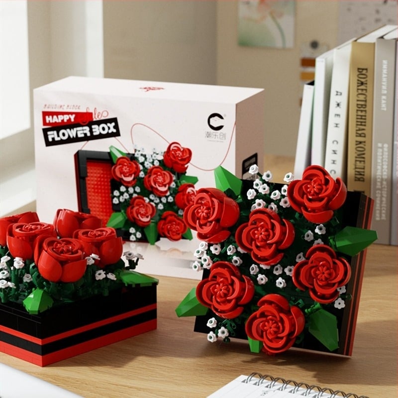 Set de blocuri de construit cu motive florale – hibiscus și trandafir, ABS plastic, bucăți cu particule de diamant, 400–800 bucăți, pentru 7–14 ani