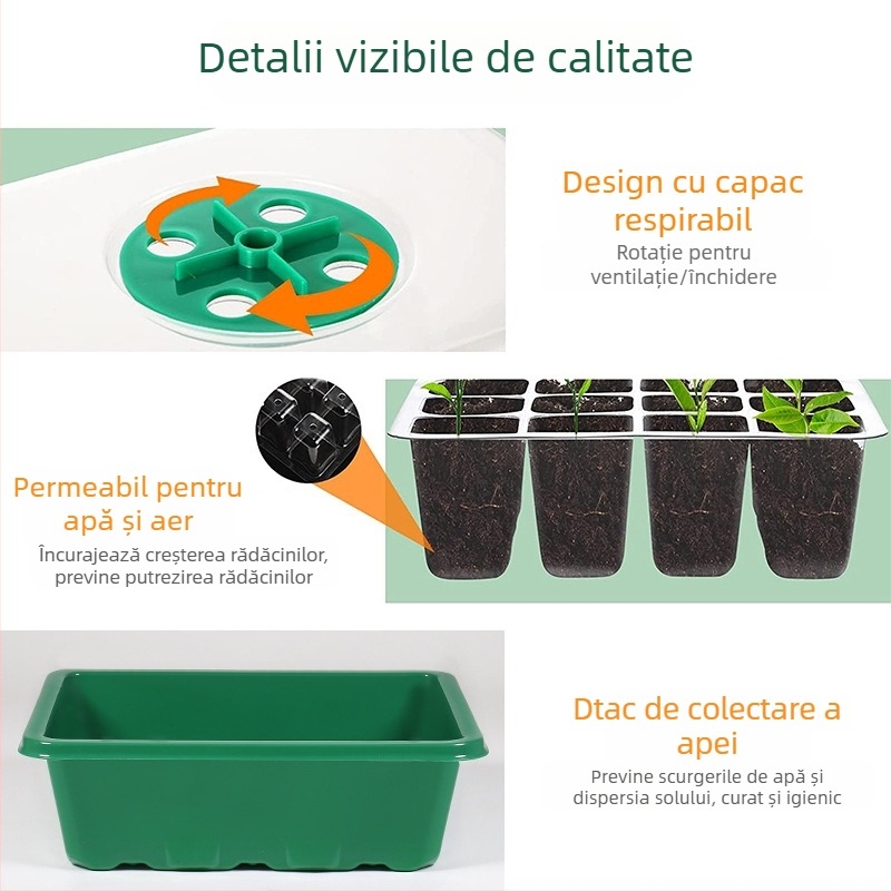 Tavă de răsaduri – plastic, respirabilă, transparentă la lumină, durabilă, economisire a apei, cu 6 sau 12 găuri, set din trei piese