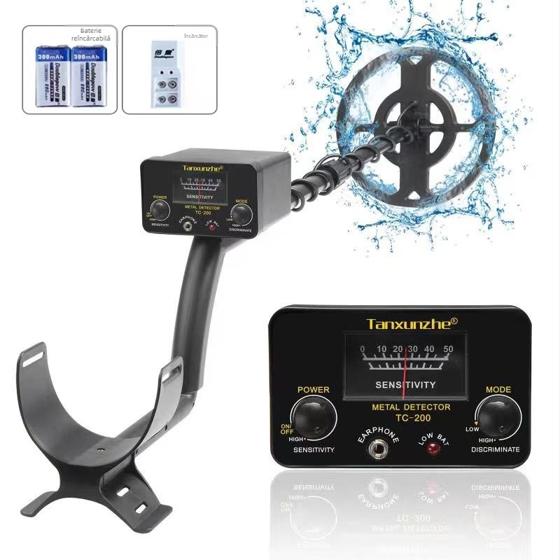 Tanxunzhe TC-200 detector de metale pentru căutări subterane de comori, modele TC-200/TC-300, alimentare 9V, alarmă audio, domeniu de detecție 1–25 cm, ținte de monede, greutate 1300 g