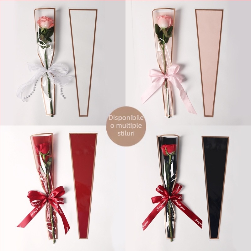 Pungă OPP pentru un singur trandafir, ambalaj buchet cu imprimare gravură, 50 buc./pachet, Boutique flower art