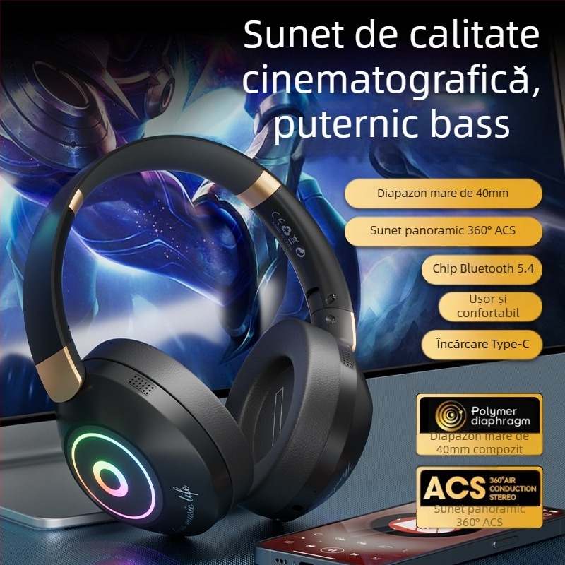 Căști de gaming Yinshuer - pliabile, Bluetooth 5.4, rază de 10 m, autonomie a bateriei peste 8 ore, latență scăzută pentru esports