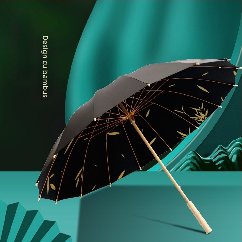 Umbrelă publicitară cu mâner lung, ramă din fibră cu 16 brațe, tijă și mâner din lemn, țesătură 190T, deschidere automată, imprimare logo disponibilă