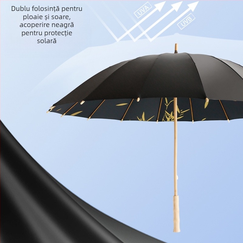 Umbrelă publicitară cu mâner lung, ramă din fibră cu 16 brațe, tijă și mâner din lemn, țesătură 190T, deschidere automată, imprimare logo disponibilă