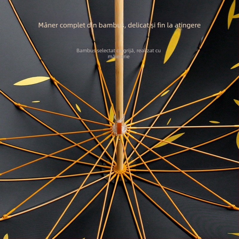 Umbrelă publicitară cu mâner lung, ramă din fibră cu 16 brațe, tijă și mâner din lemn, țesătură 190T, deschidere automată, imprimare logo disponibilă