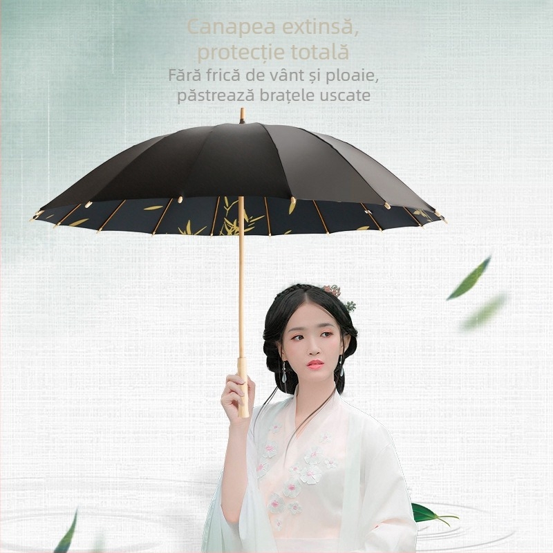 Umbrelă publicitară cu mâner lung, ramă din fibră cu 16 brațe, tijă și mâner din lemn, țesătură 190T, deschidere automată, imprimare logo disponibilă