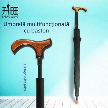 Umbrelă-baston multifuncțională pentru vârstnici, deschidere automată, cadru din aliaj cu 8 brațe, mâner din lemn solid, acoperire din poliester 190T, protecție UV UPF > 50