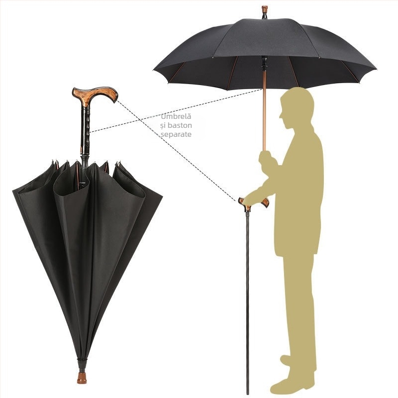 Umbrelă-baston multifuncțională pentru vârstnici, deschidere automată, cadru din aliaj cu 8 brațe, mâner din lemn solid, acoperire din poliester 190T, protecție UV UPF > 50