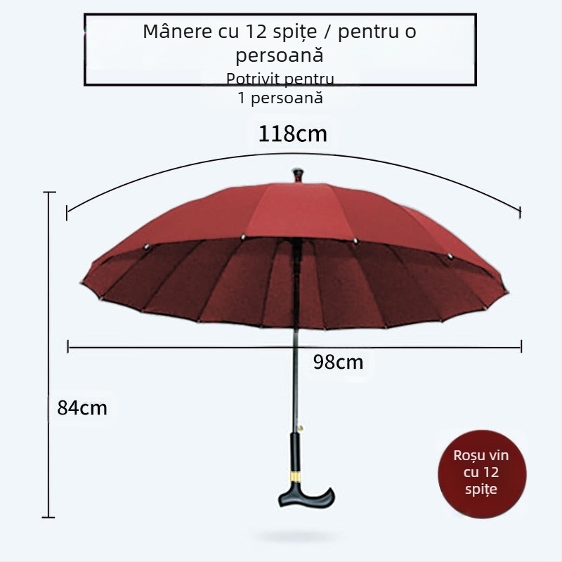 Umbrelă-baston multifuncțională pentru vârstnici, deschidere automată, cadru din aliaj cu 8 brațe, mâner din lemn solid, acoperire din poliester 190T, protecție UV UPF > 50