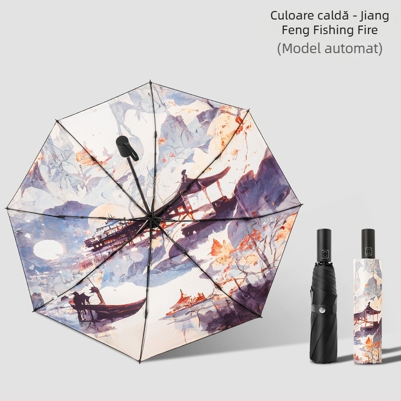 Umbrelă pliantă în stil vintage național cu motiv ilustrativ, deschidere și închidere automată, UPF50+, cadru din aliaj cu 8 spițe, țesătură 210T cu vinil, imprimare logo disponibil