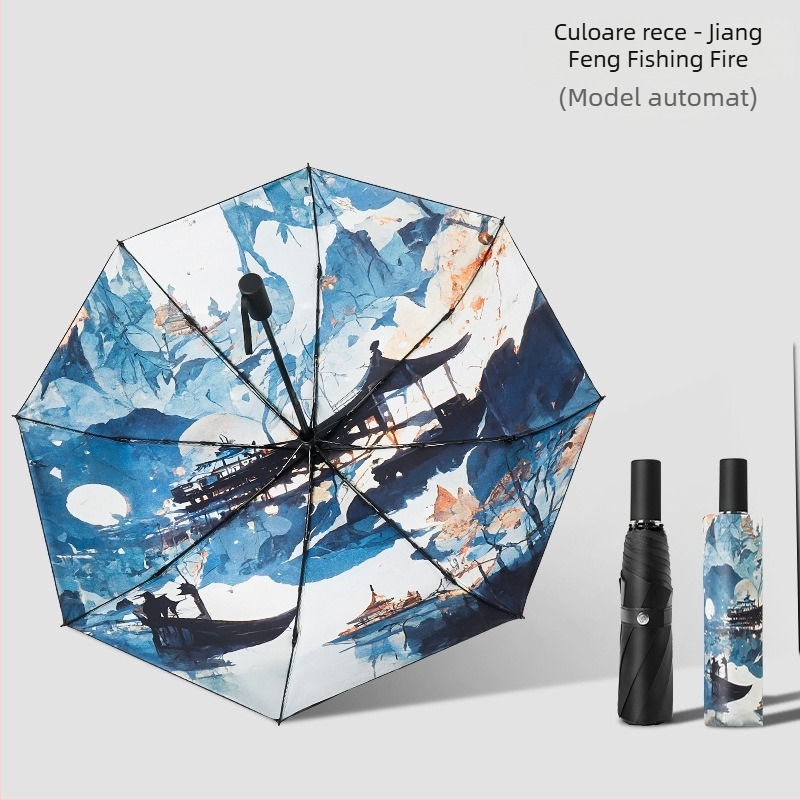 Umbrelă pliantă în stil vintage național cu motiv ilustrativ, deschidere și închidere automată, UPF50+, cadru din aliaj cu 8 spițe, țesătură 210T cu vinil, imprimare logo disponibil