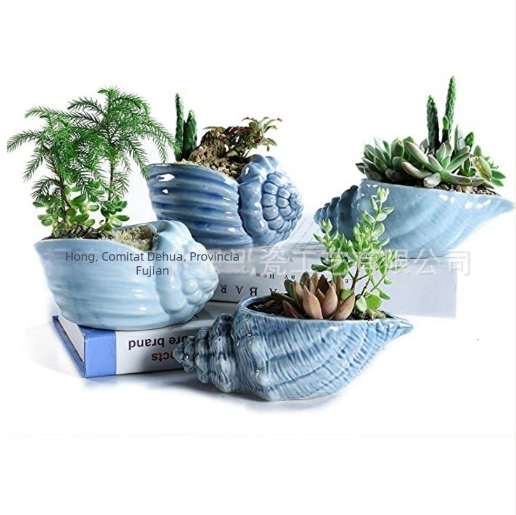 Ghiveci ceramic pentru suculente cu farfurioară în formă de scoică, lucrat manual, glazură, decor de birou