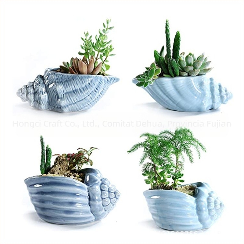 Ghiveci ceramic pentru suculente cu farfurioară în formă de scoică, lucrat manual, glazură, decor de birou