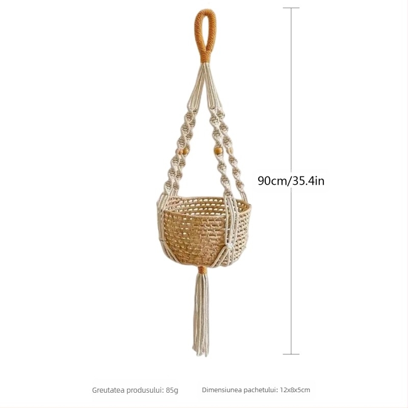 Coș de plante suspendat din sfoară de bumbac, țesut manual, formă dreptunghiulară, stil nordic