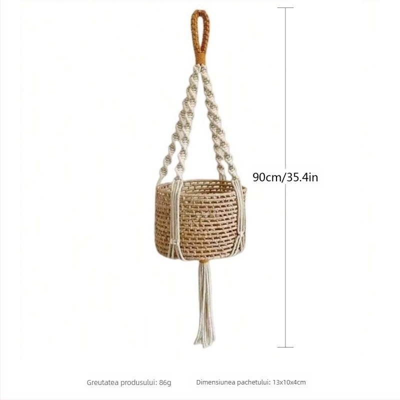 Coș de plante suspendat din sfoară de bumbac, țesut manual, formă dreptunghiulară, stil nordic