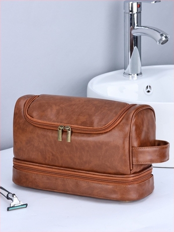 Geantă de toaletă pentru bărbați, dublu strat, pentru călătorii, cu cârlig, din PU, impermeabil