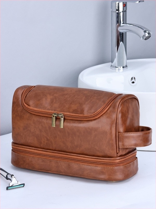 Geantă de toaletă pentru bărbați, dublu strat, pentru călătorii, cu cârlig, din PU, impermeabil