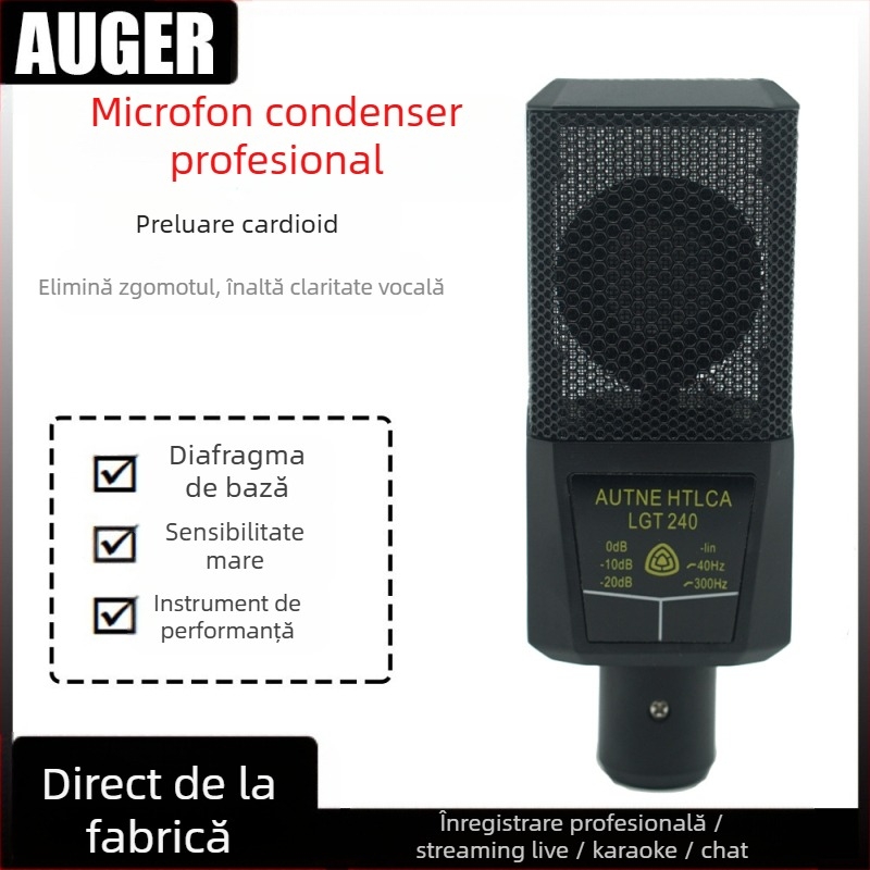 Microfon condensator dreptunghiular model 240 pentru karaoke și cânt live, răspuns în frecvență 100 Hz–20 kHz, SNR ≥ 70 dB
