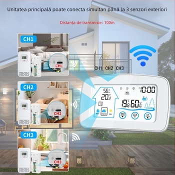Ceas deșteptător cu ecran tactil iluminat, senzor fără fir de temperatură și umiditate pentru interior/exterior, afișaj LCD digital și ceas meteorologic