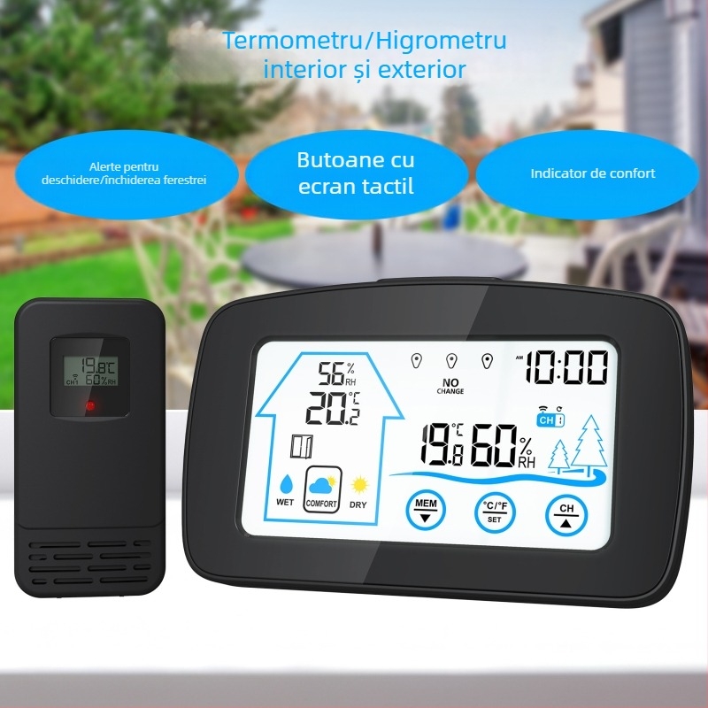 Ceas deșteptător cu ecran tactil iluminat, senzor fără fir de temperatură și umiditate pentru interior/exterior, afișaj LCD digital și ceas meteorologic