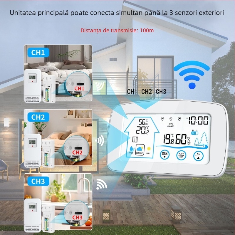 Ceas deșteptător cu ecran tactil iluminat, senzor fără fir de temperatură și umiditate pentru interior/exterior, afișaj LCD digital și ceas meteorologic