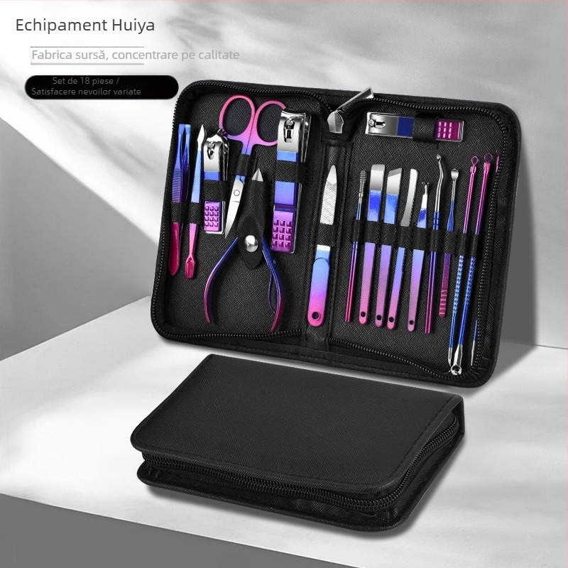 Set de îngrijire a unghiilor, 18 piese cu finisaj gradient, include tăietor de unghii, pense pentru cuticule, tăietor de piele moartă și instrumente pentru pedicură; materiale: oțel inoxidabil + oțel carbon; marcă OEM; greutate 230 g