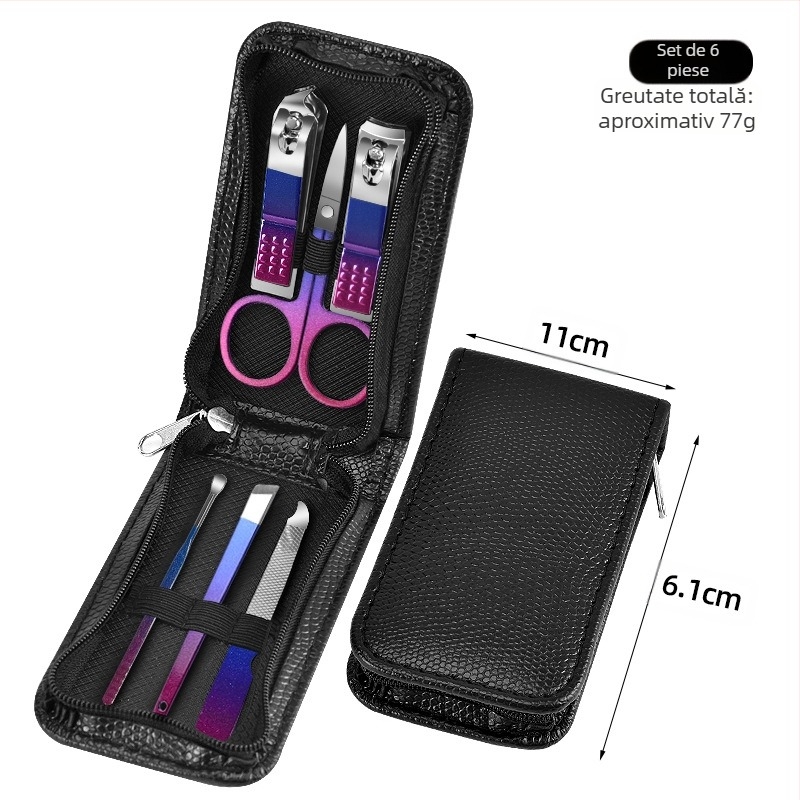 Set de îngrijire a unghiilor, 18 piese cu finisaj gradient, include tăietor de unghii, pense pentru cuticule, tăietor de piele moartă și instrumente pentru pedicură; materiale: oțel inoxidabil + oțel carbon; marcă OEM; greutate 230 g