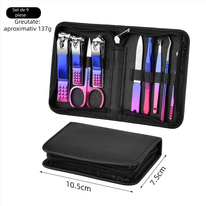 Set de îngrijire a unghiilor, 18 piese cu finisaj gradient, include tăietor de unghii, pense pentru cuticule, tăietor de piele moartă și instrumente pentru pedicură; materiale: oțel inoxidabil + oțel carbon; marcă OEM; greutate 230 g