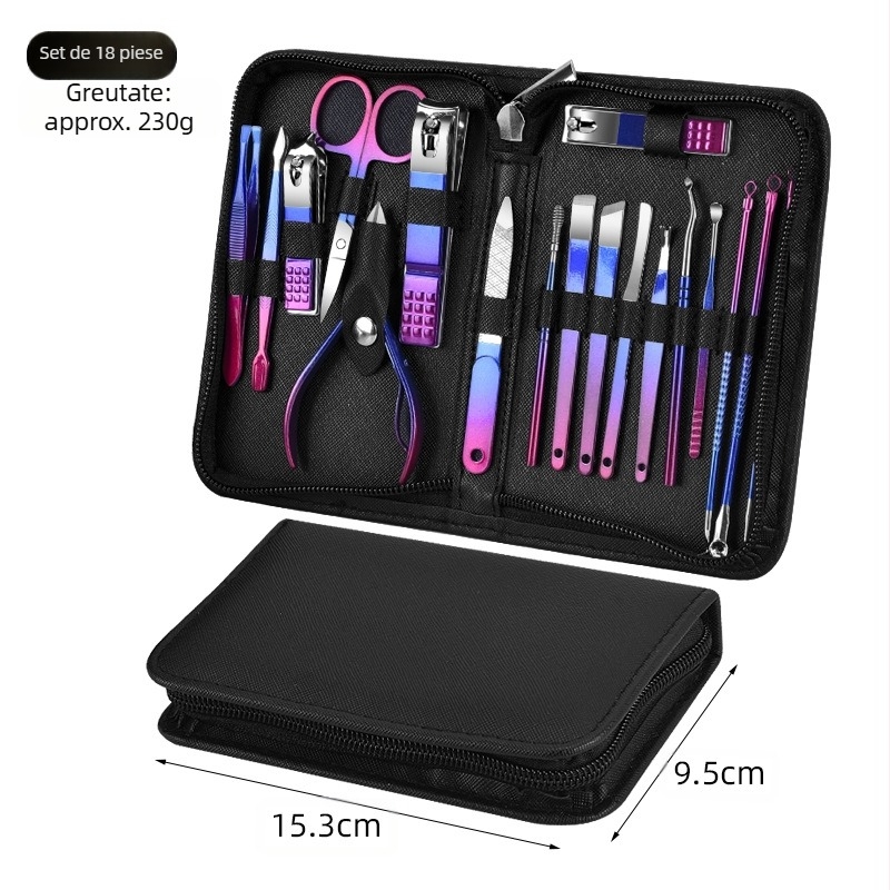 Set de îngrijire a unghiilor, 18 piese cu finisaj gradient, include tăietor de unghii, pense pentru cuticule, tăietor de piele moartă și instrumente pentru pedicură; materiale: oțel inoxidabil + oțel carbon; marcă OEM; greutate 230 g